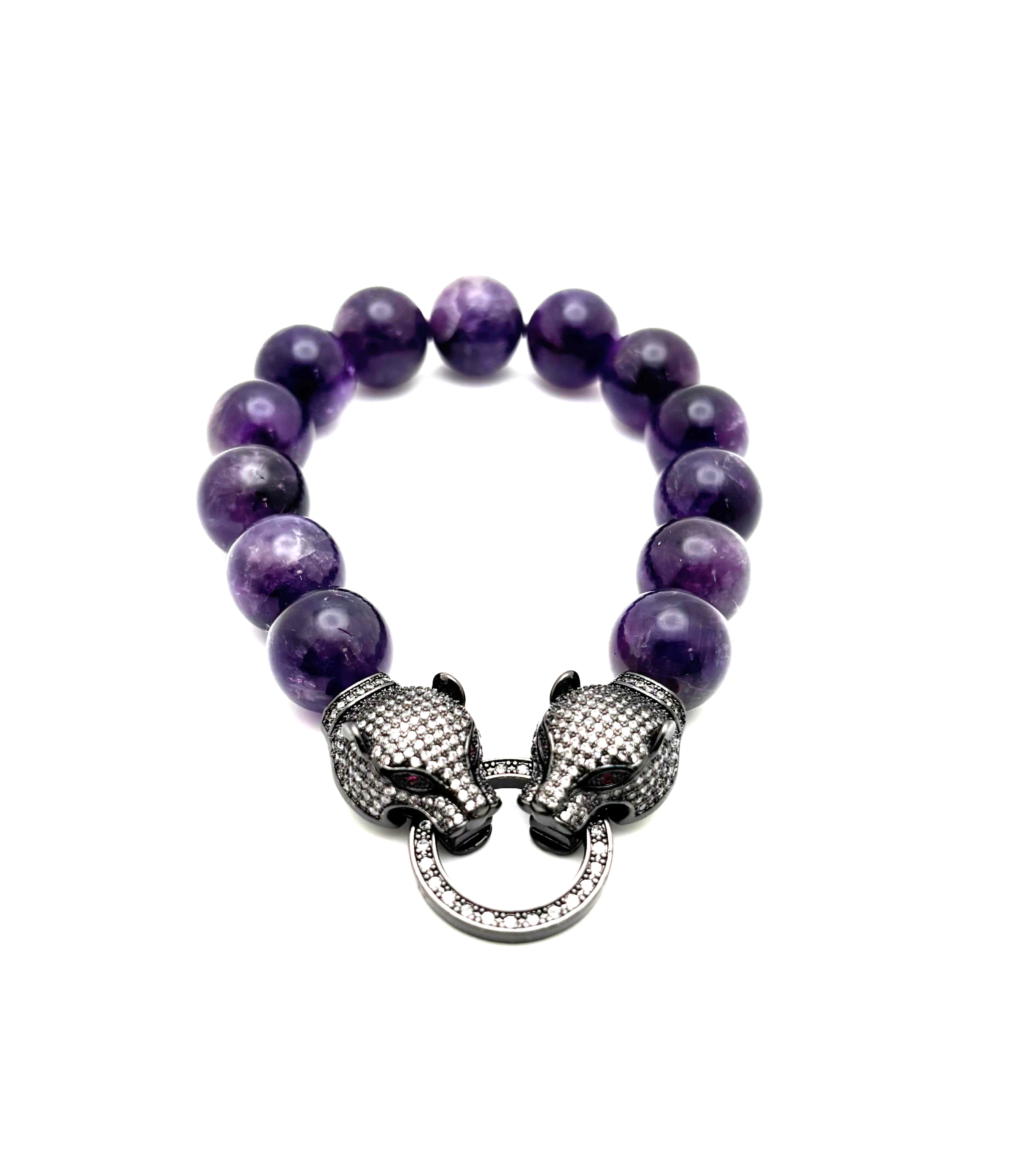 Amethyst Beaded Bracelet with Black Rhodium Leapard Clasp